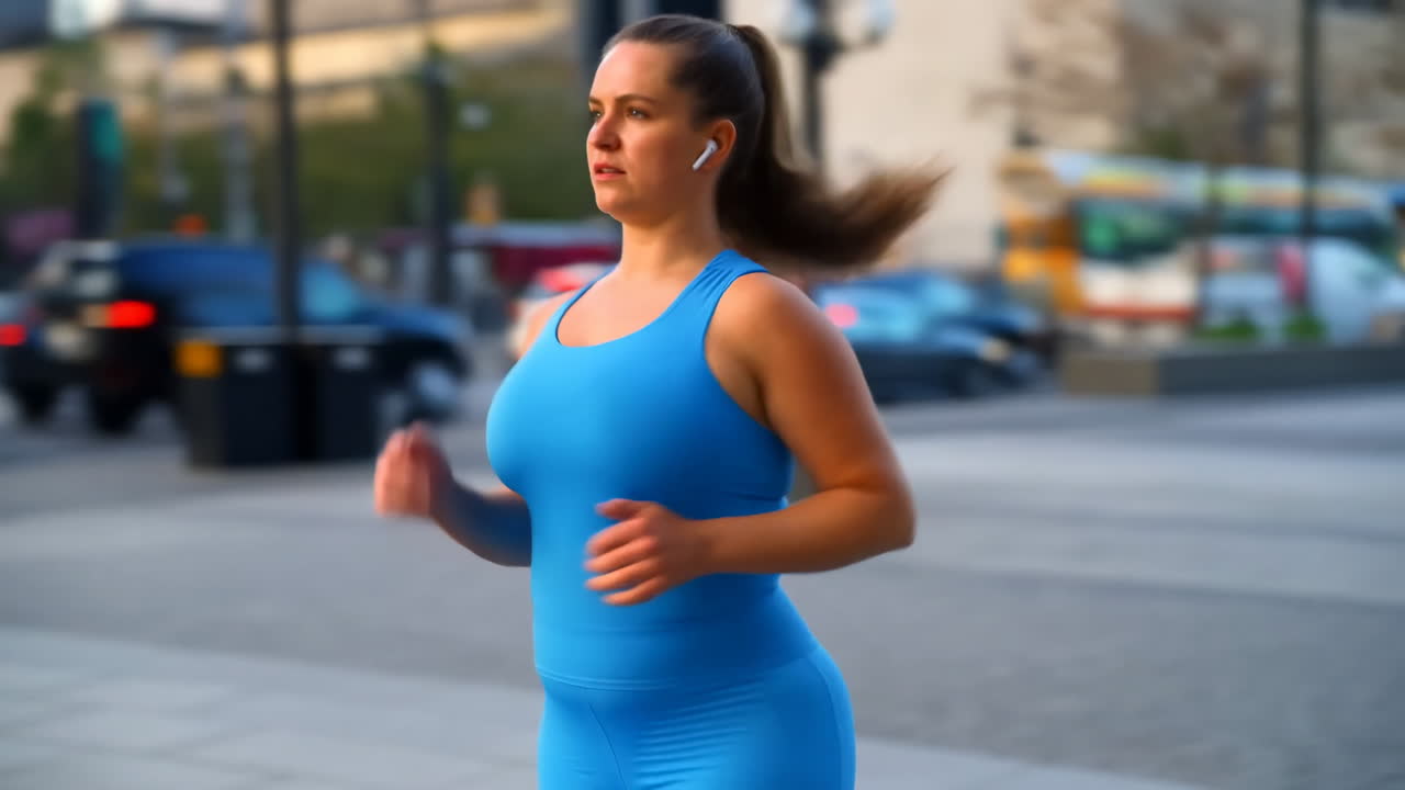 Donna in città che fa jogging in abbigliamento sportivo blu con auricolari, espressione concentrata, traffico sfocato e luce serale.
