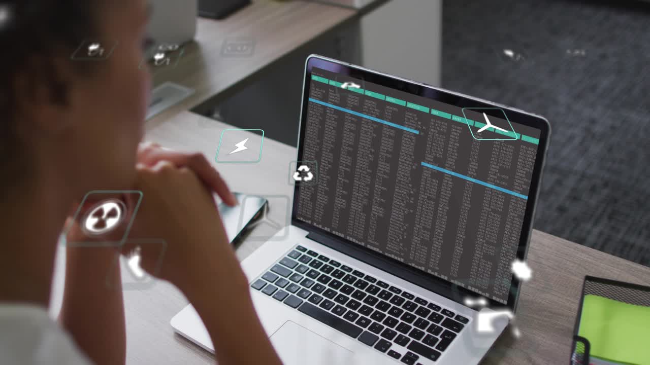 Woman analyzing code monitoring energy with data initiating animated eco power icons around laptop