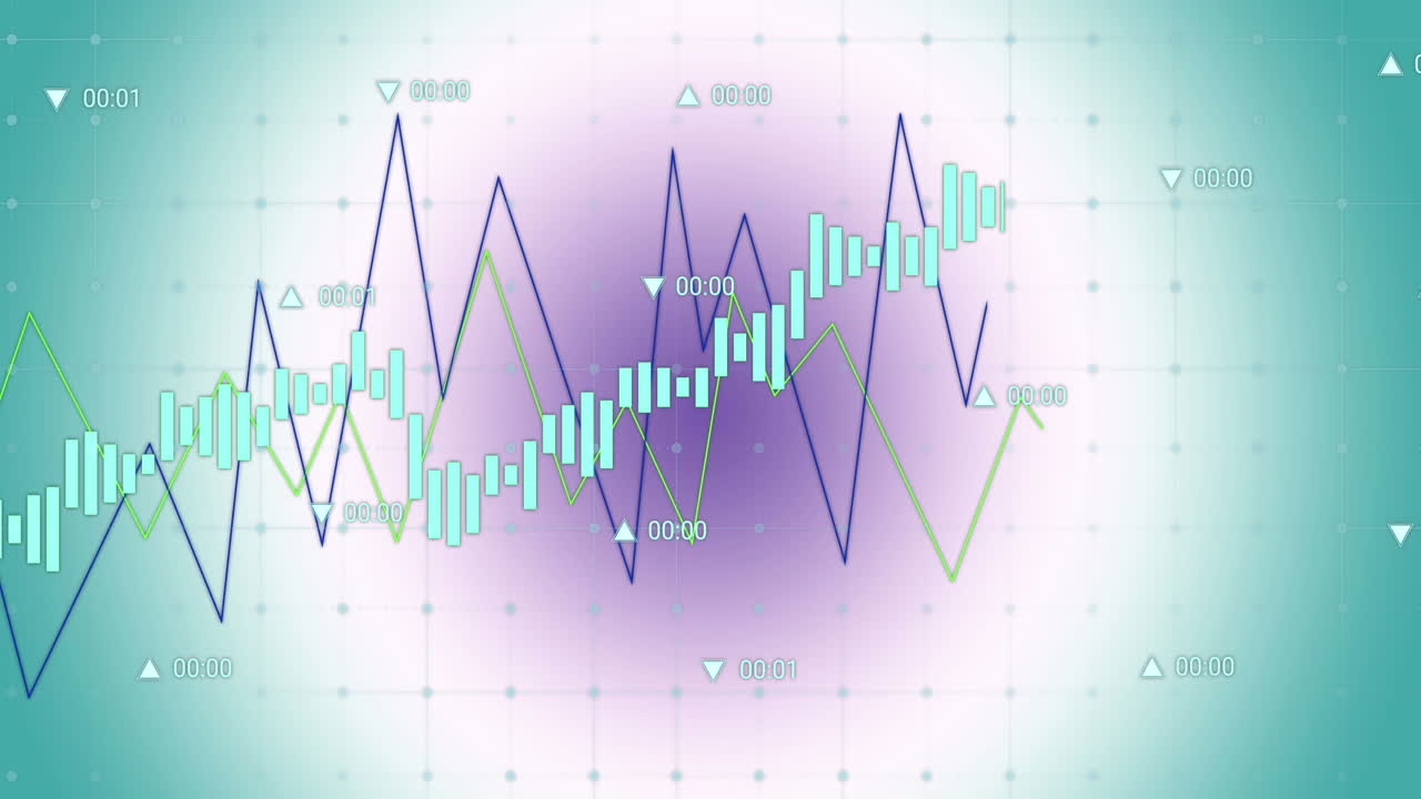 Animation of financial data processing over purple to green background