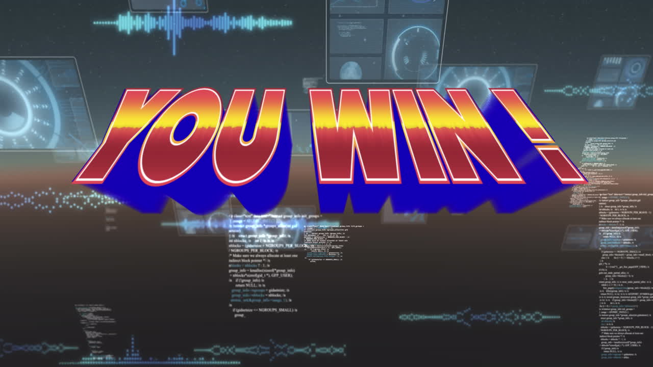 Animation of you win in digital abstract space with screens and diverse data