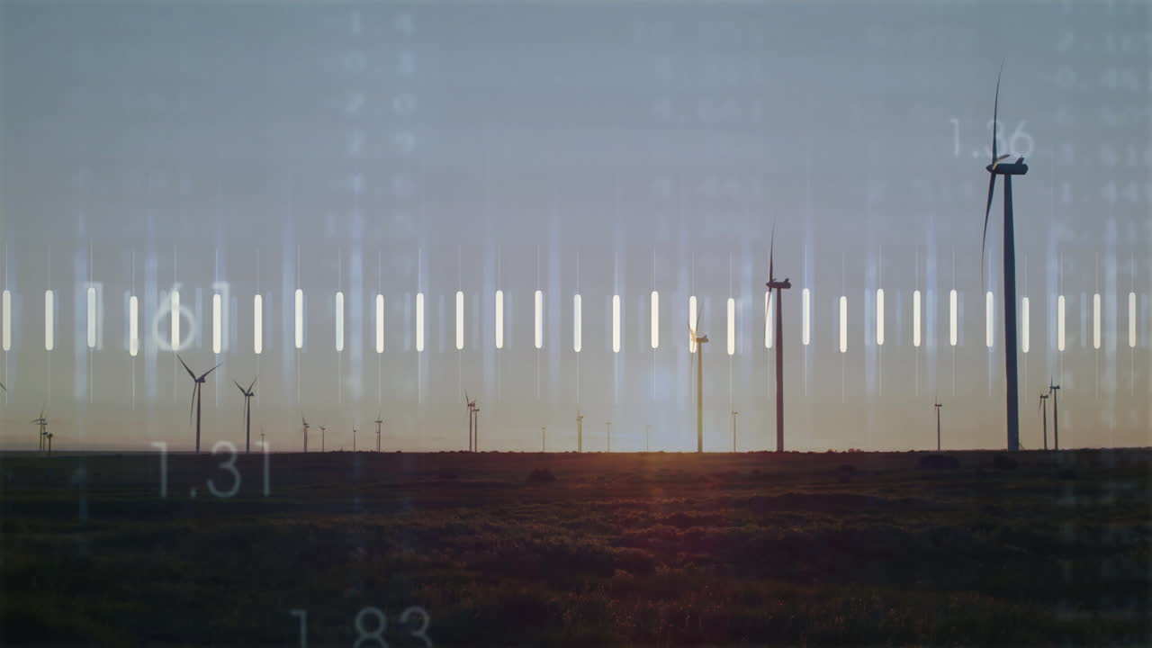 Wind turbines spinning on landscape with data processing animation overlaying scene