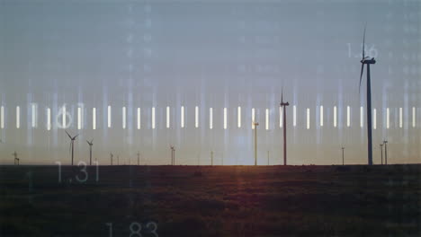 wind turbines spinning on landscape with data processing animation overlaying scene