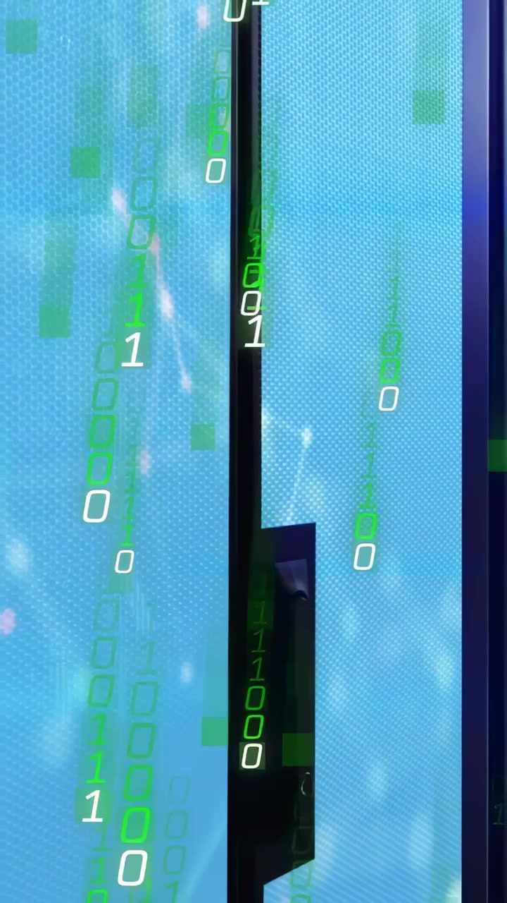 Vertical video: Black frame handle rising, tech panel activating, visualizing binary network data