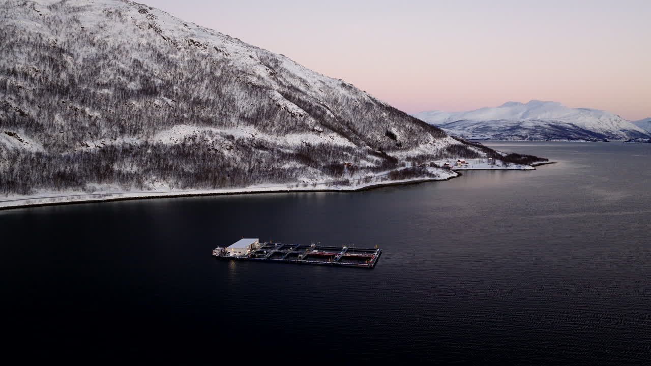 Polarnatt, svevende luftfoto av et torskeoppdrettsanlegg i en snødekt fjord.