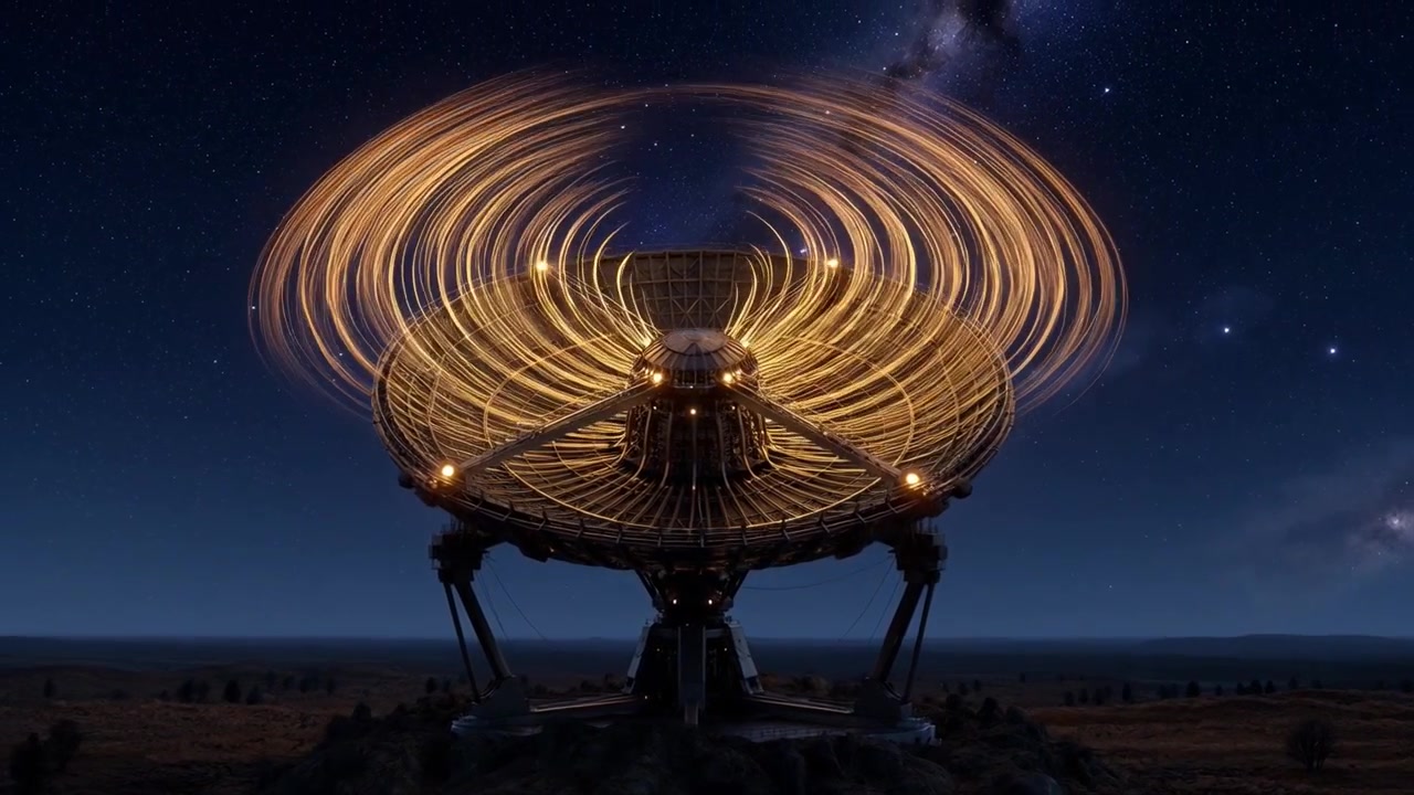 Large Satellite Dish Transmitting Data Under a Starry Night Sky