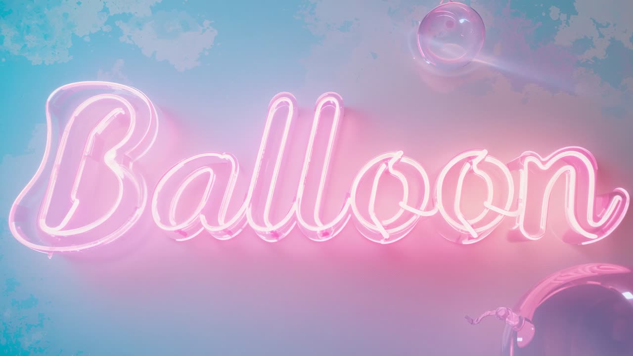Camera zooming on pulsing neon sign reading Balloon on pastel wall, with two drifting balloons
