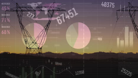 Animation-of-financial-data-processing-over-electricity-pylons-on-field