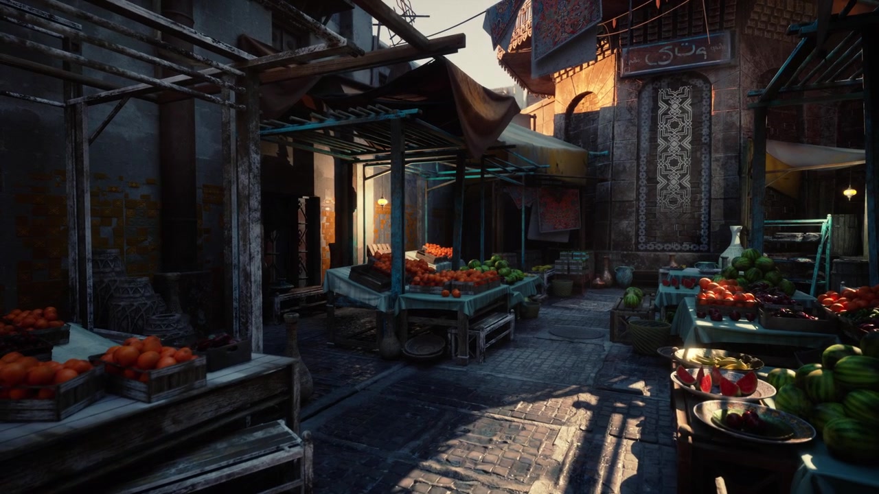 Quiet alleyway filled with vibrant vegetables and rustic charm