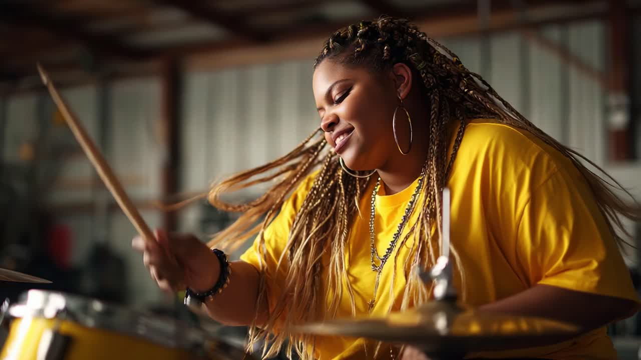 A young woman with long braided hair passionately playing drums in a vibrant yellow shirt, showcasing her musical talent and intense focus during a thrilling performance