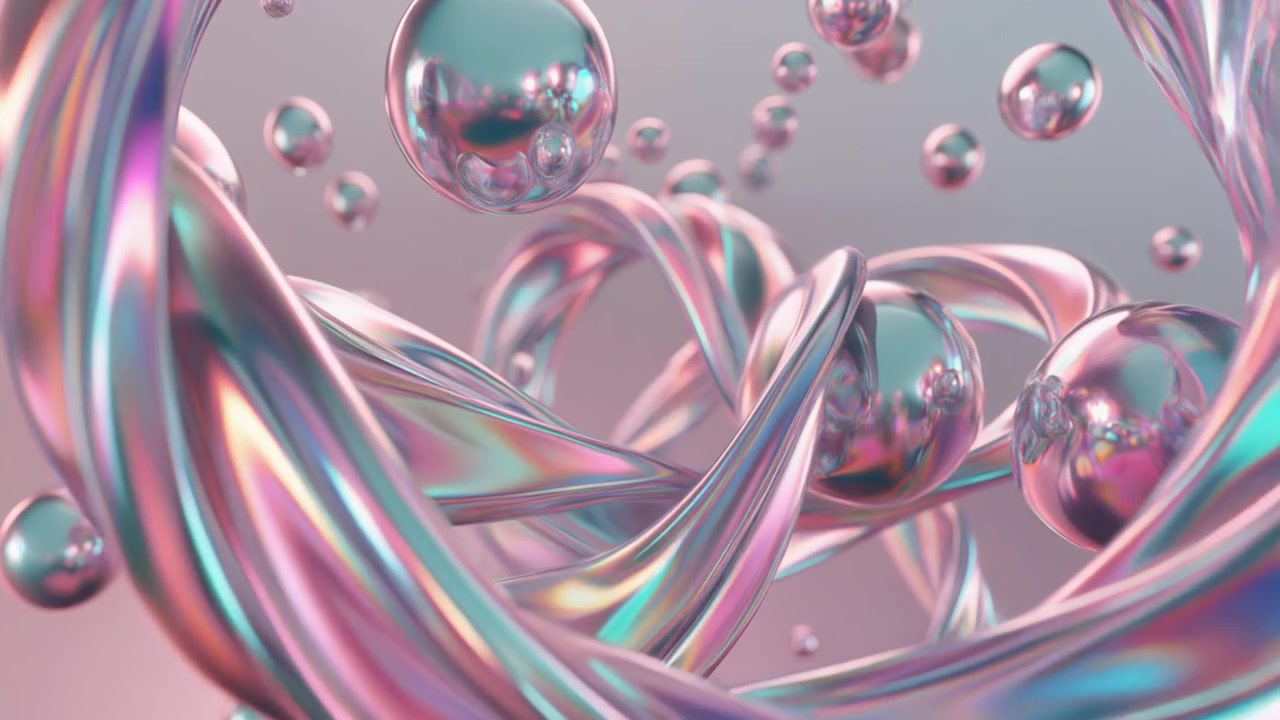 Animazione 3D Astratta di Sfere Metalliche Iridescenti Fluttuanti e Forme Contorte