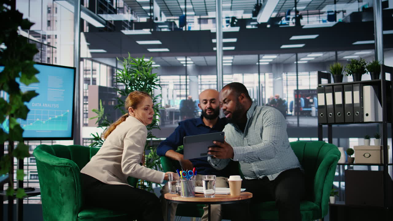 Vertical Video CEO and team members sharing foresight and leadership skills during meeting