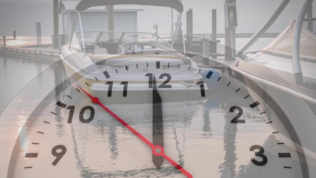 Clock overlay appearing triggers red second hand ticking clockwise over motorboat to show time flow