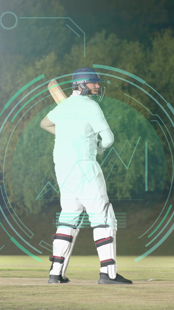 Vertical video: Batsman bracing and driving on ball, HUD overlay analyzing swing for coaching