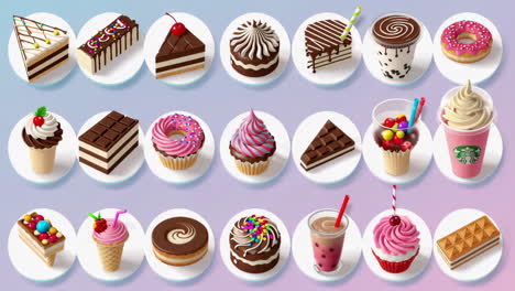 assortment of desserts and beverages with a gradient background