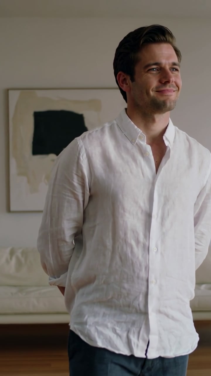 Vertical video: Camera capturing man in light shirt dark pants shifting and smiling by sofa and art