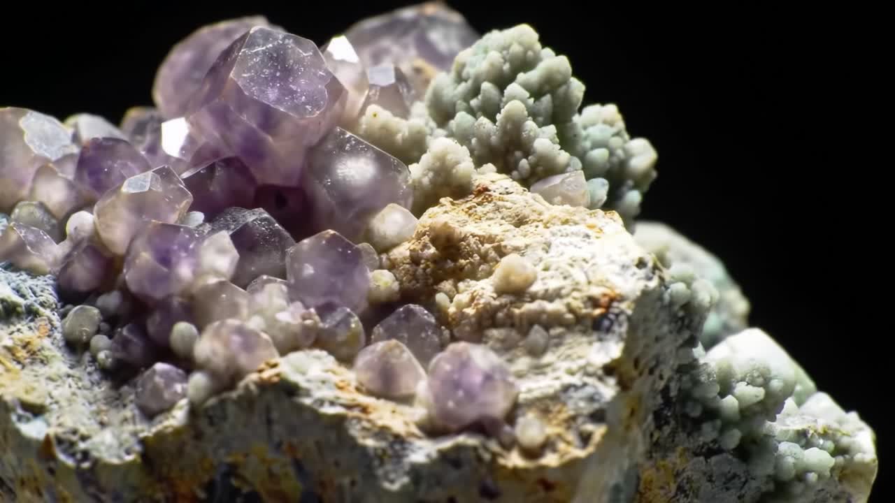 Astonishing Close-Up of Amethyst Crystals and Mineral Formations Showcasing Nature's Intricate Beauty and Geological Diversity in an Exquisite Display of Colors and Textures