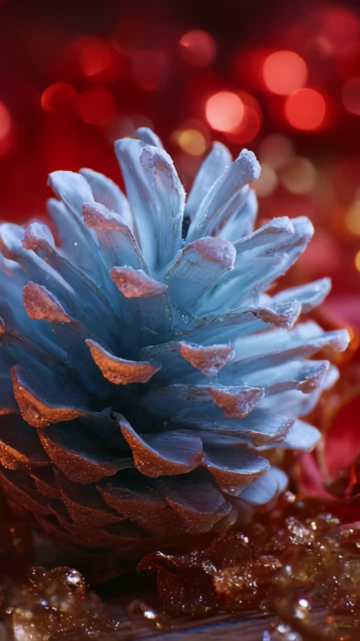 A Stunning Close-Up of a Blue Pinecone Surrounded by Vibrant Red and Orange Bokeh Lights, Capturing the Intricate Details and Natural Beauty in a Unique Holiday Setting