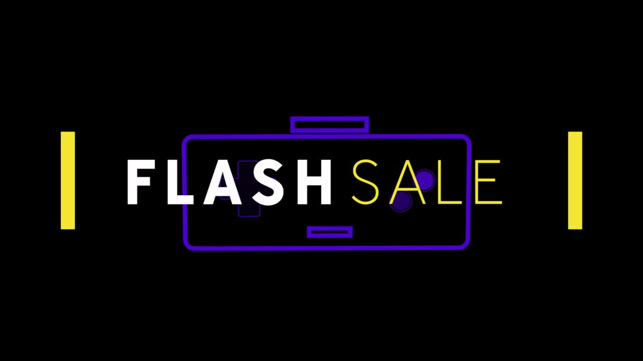 Testo per "flash sale" con accenti viola e gialli su sfondo nero