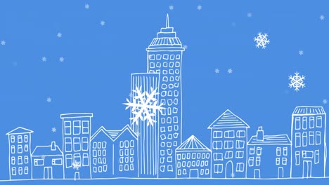 animation of winter scenery with snowflakes falling in the city on blue background