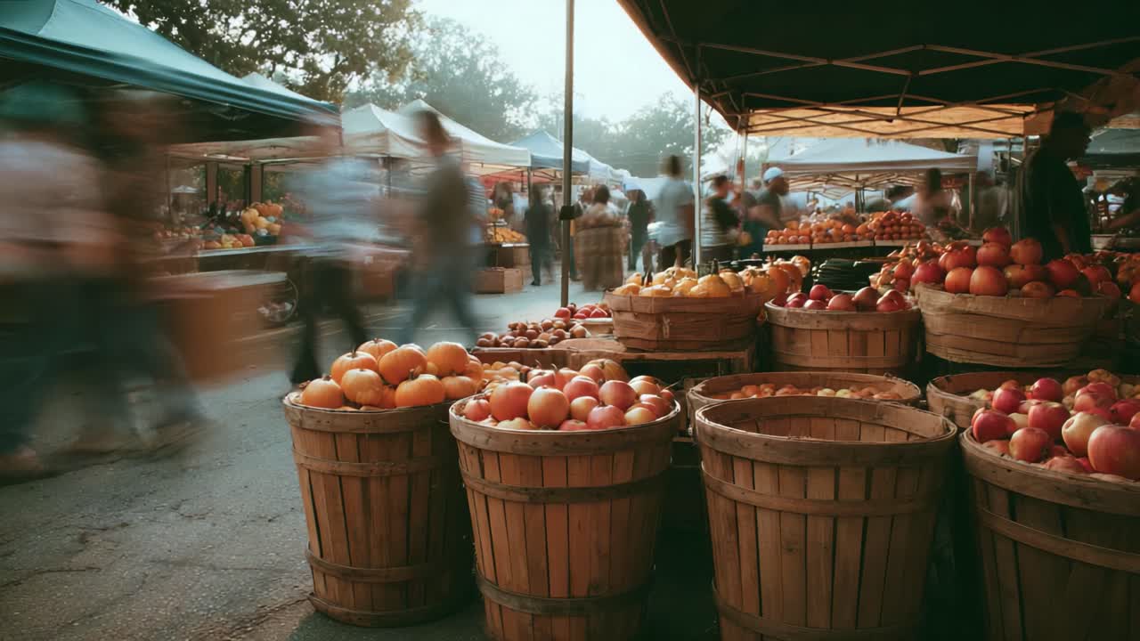 A Vibrant Marketplace Scene Showcasing Stacked Baskets of Fresh Apples and Oranges with Shoppers Crossing in a Sunny Environment Under Canopies