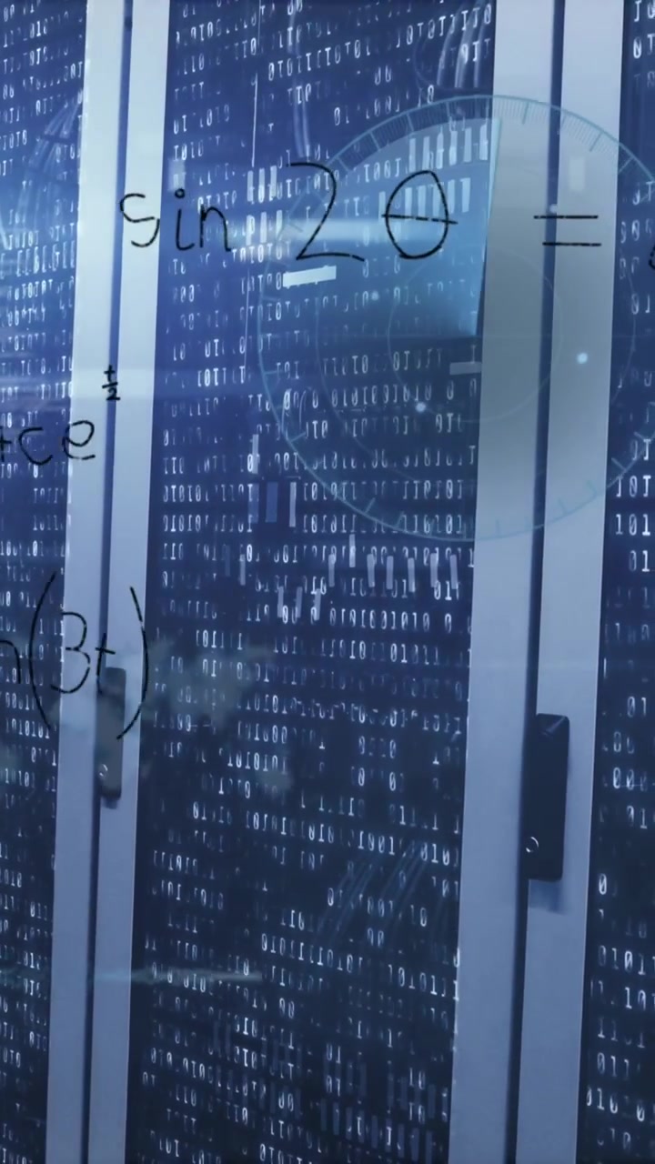 Animation of data processing and mathematical equations against binary coding over server room