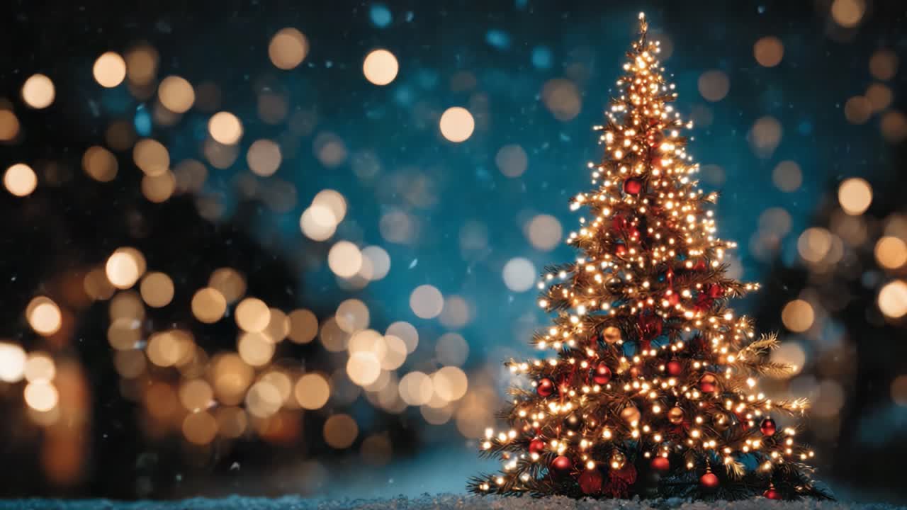 Un albero di Natale splendidamente illuminato, circondato da un paesaggio invernale incantato, scintillante di decorazioni e soffici fiocchi di neve che cadono delicatamente sotto luci scintillanti