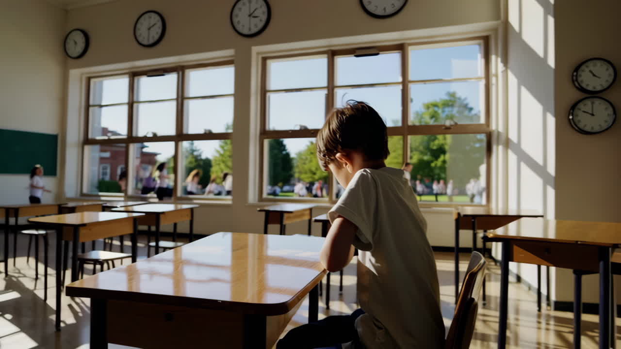 Young boy sitting at a desk in a sunlit classroom