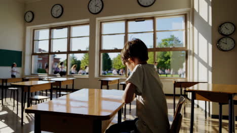 young boy sitting at a desk in a sunlit classroom