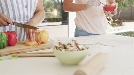 two people prepare food, including making pizza, in a bright home kitchen