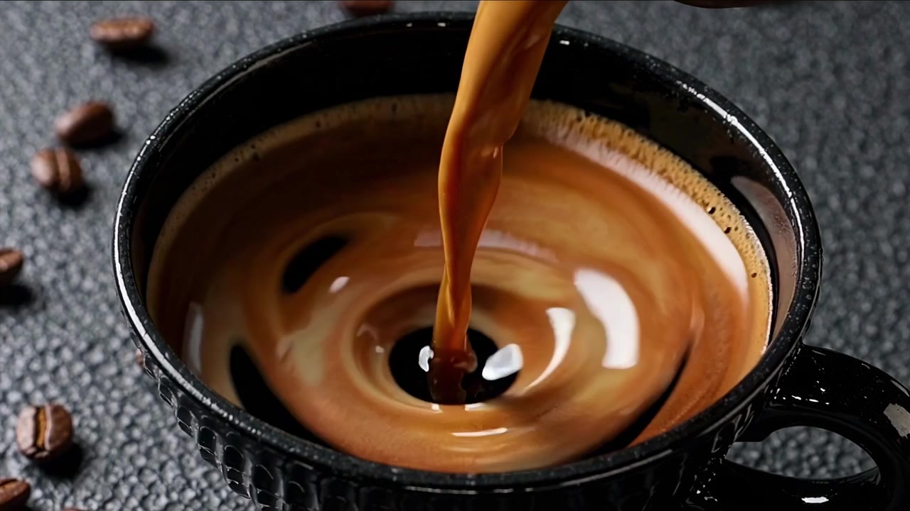 Caffè cremoso che si versa in una tazza di ceramica nera