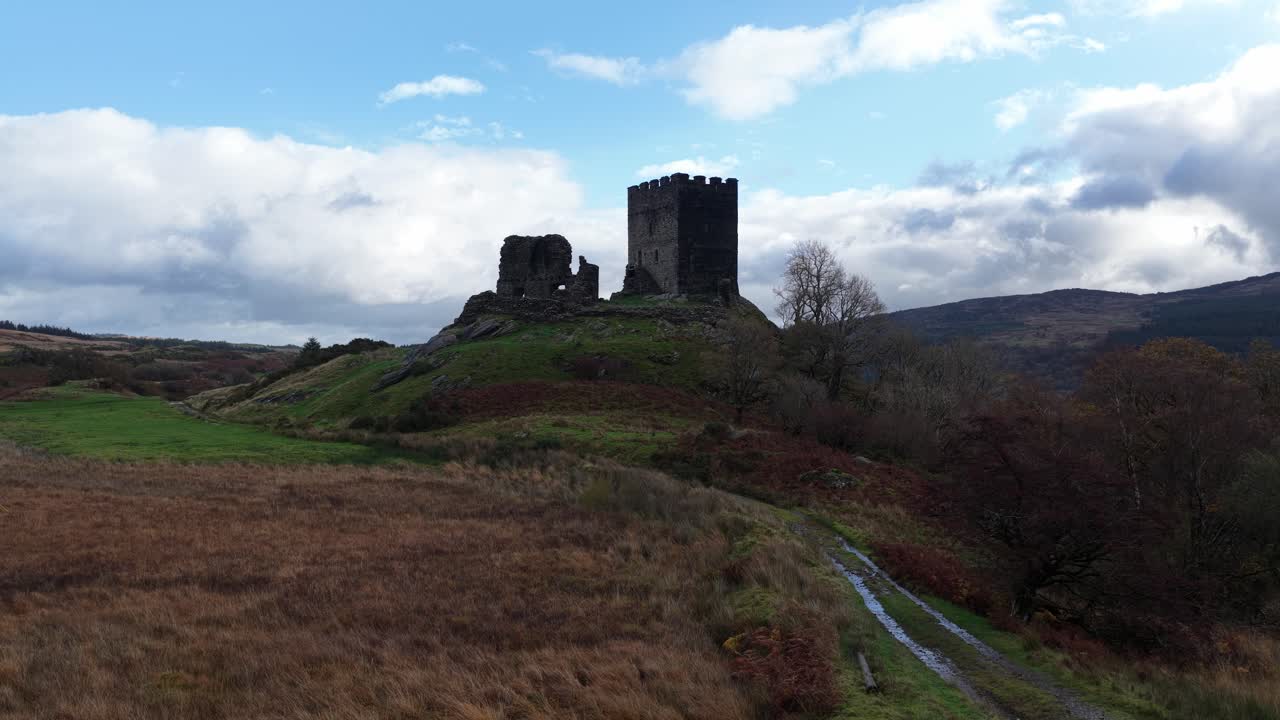 Aerial drone footage of Dolwyddelan Castle in Eryri, showcasing its dramatic mountain setting, medieval Welsh heritage, and historic role as one of Llywelyn the Great’s commanding fortresses