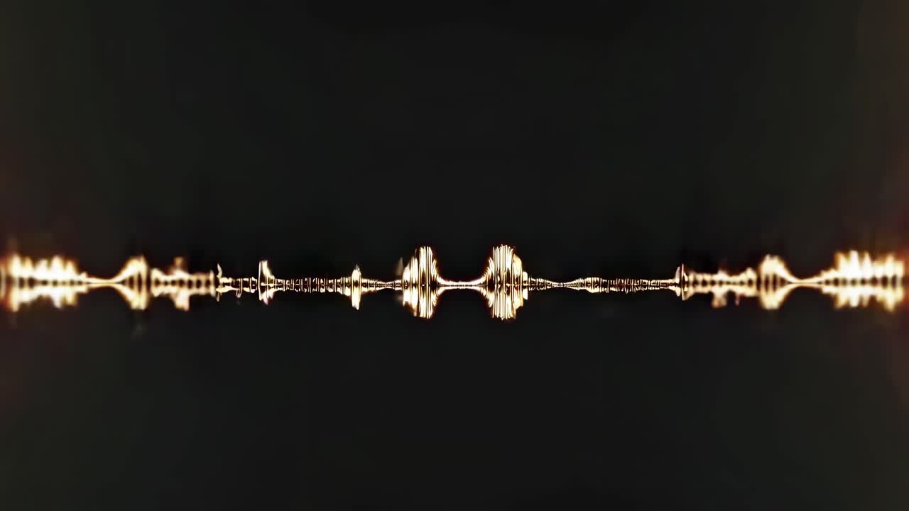 Abstract soundwave pattern with glowing lines on a dark background, viewed from a straight angle