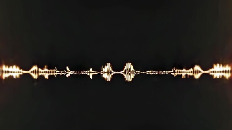 Abstract soundwave pattern with glowing lines on a dark background, viewed from a straight angle