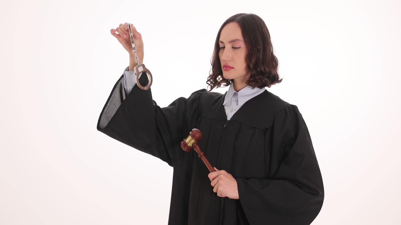 Judge holding handcuffs and gavel