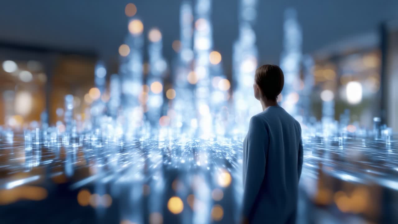 En figur står full av ærefrykt foran et fascinerende digitalt landskap av glitrende lys og datapunkter, og utforsker fremtiden for teknologi og innovasjon