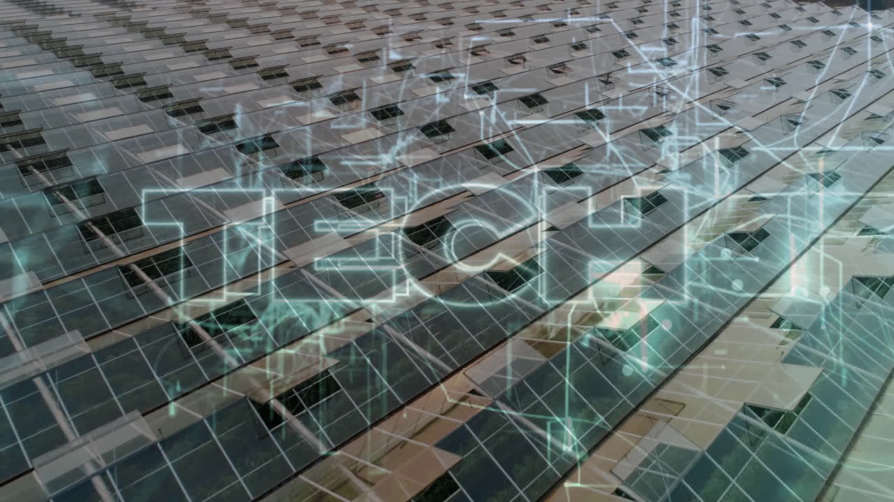 Animation of digital network connections overlaying modern glass building facade