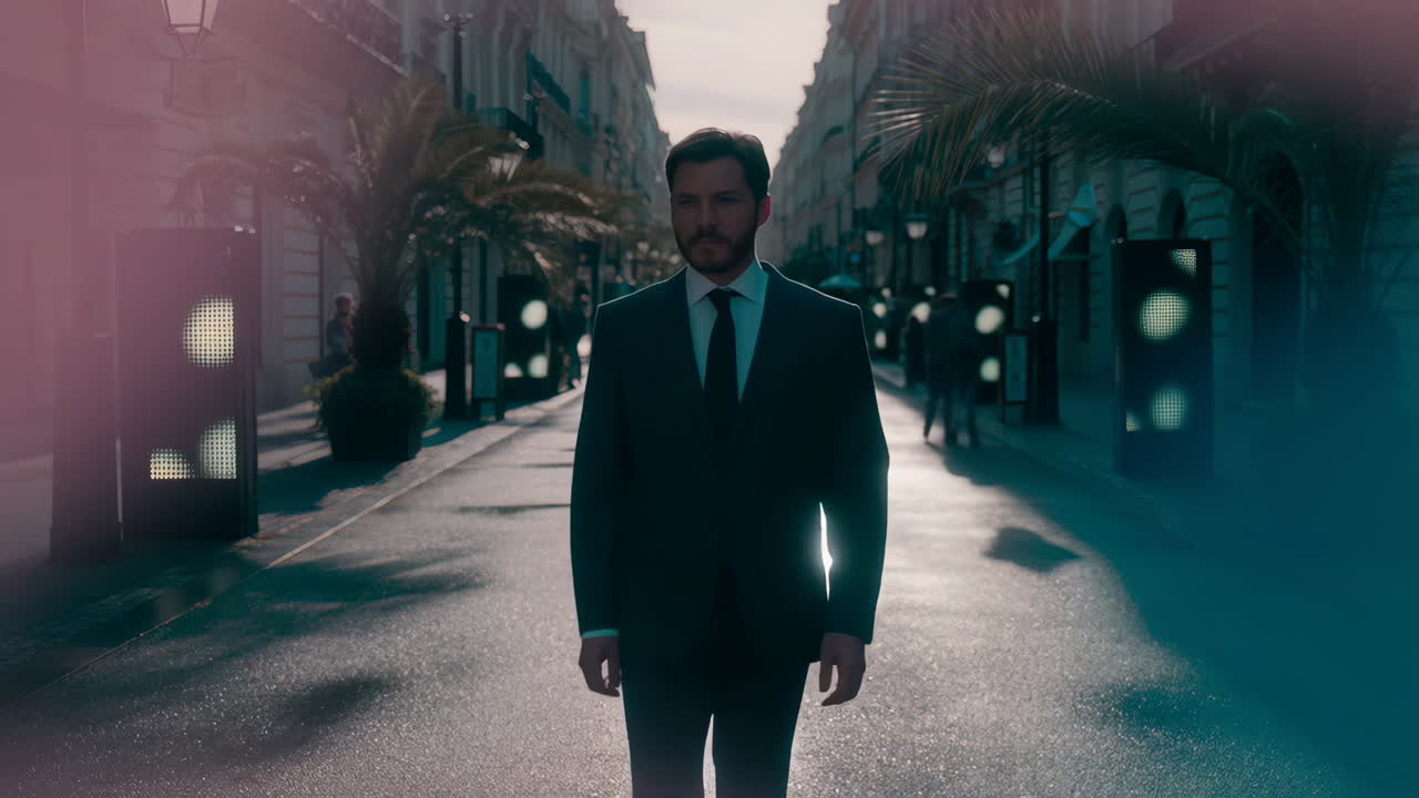 A man in a suit walks confidently down a lit urban street at dusk