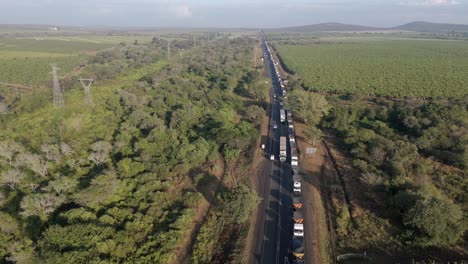 a drone lifts over a large number of cargo trucks stuck in a long queue on a highway before a border post