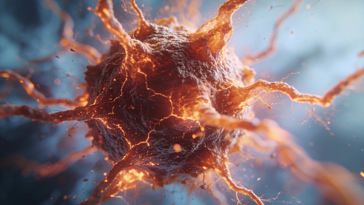Nucleo rotante con fessure e filamenti pulsanti, la telecamera si avvicina all'interno di un microfluido, emettendo scintille.