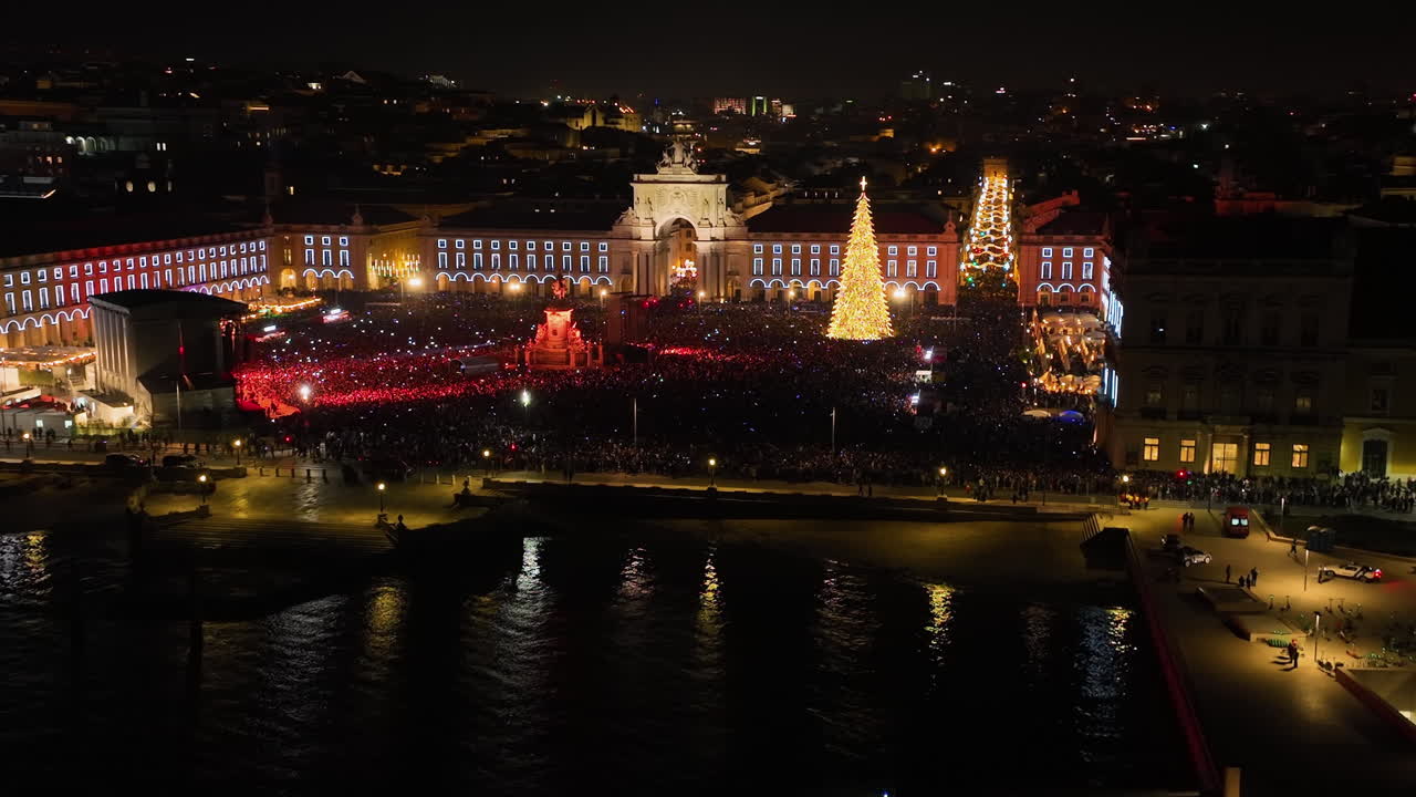Panoramic drone shot of New Years eve celebration at Terreiro do Paco, Lisbon