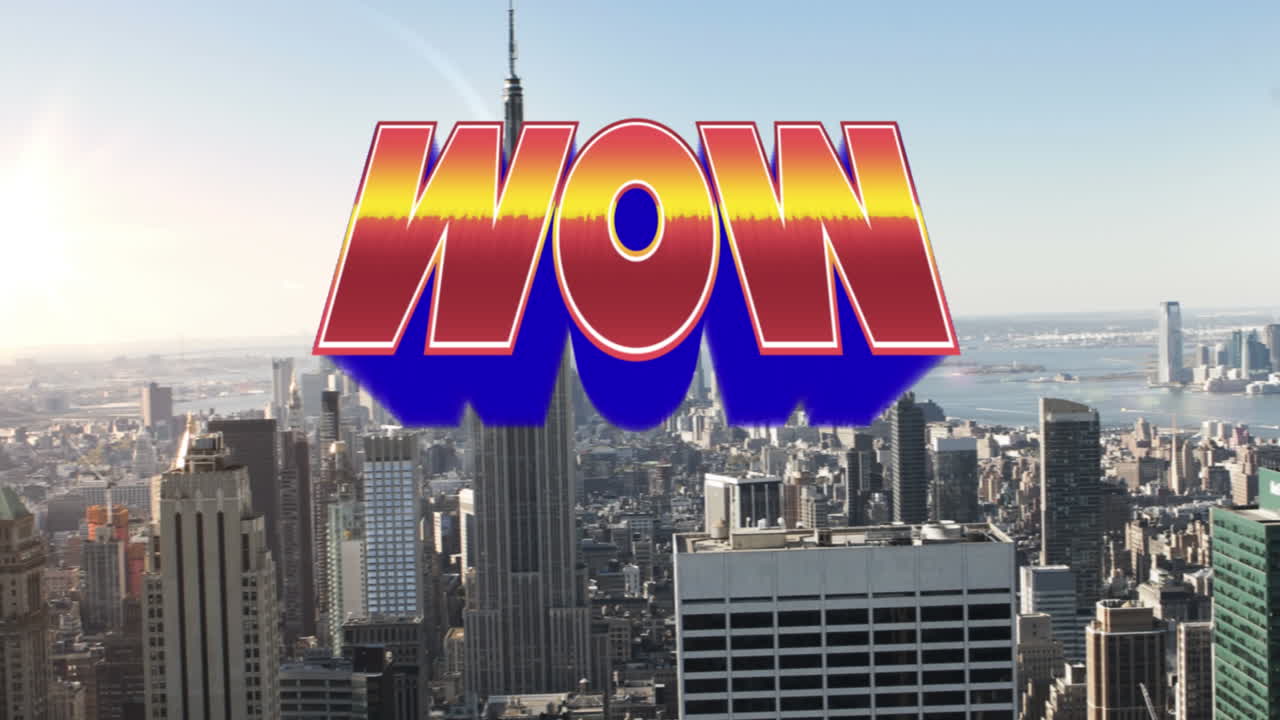 오렌지색 텍스트의 애니메이션 와우, 현대적인 도시 풍경