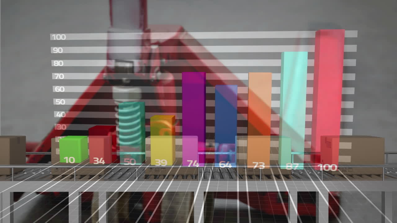 animación del procesamiento de estadísticas sobre cinta transportadora con cajas