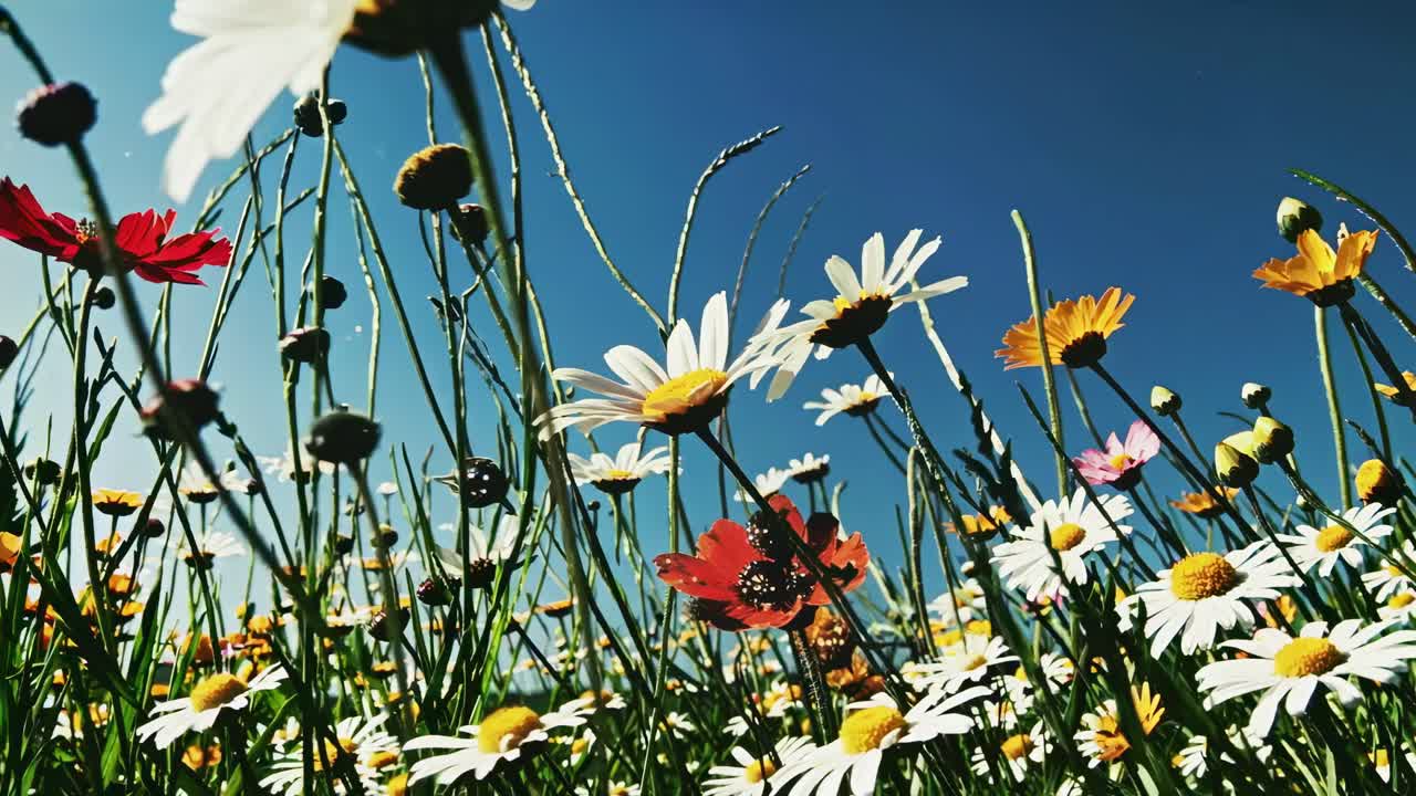 Ripresa dal basso di margherite vivaci contro un cielo azzurro limpido, creando un video vivace e stimolante.