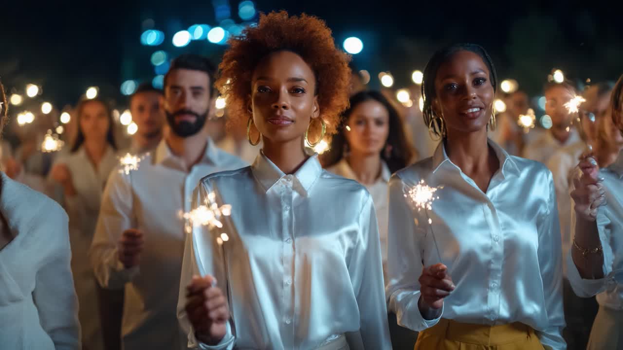 A Gathering of Unity and Joy: Celebrating Togetherness with Sparklers Under the Night Sky, Radiating Light and Community Spirit in a Magical Evening Atmosphere