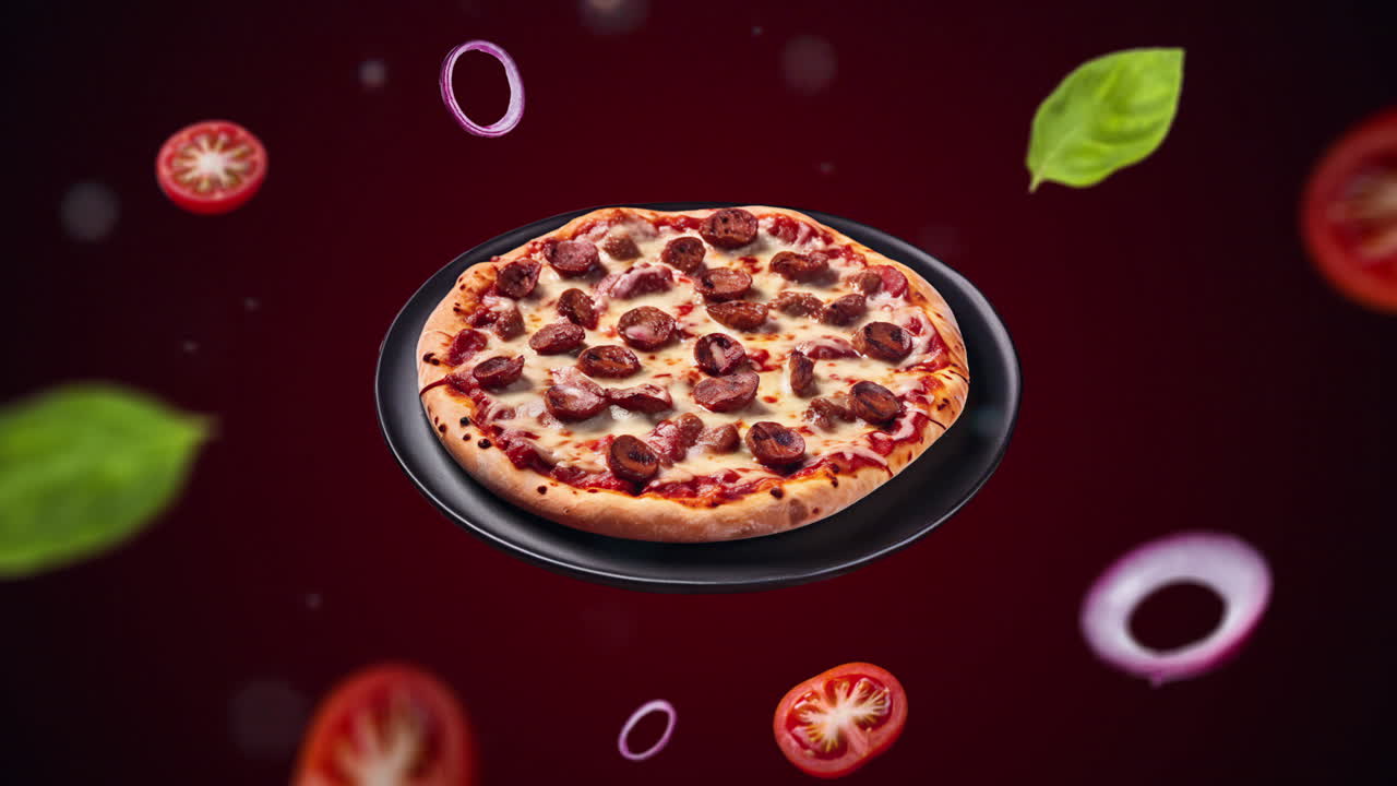 공중에서 날아다니는 요리의 재료를 가진 레스토랑의 광고 또는 마케팅을위한 접시 애니메이션 소개에 나폴리 소시지 피자 - 가격 표지판 또는 판매