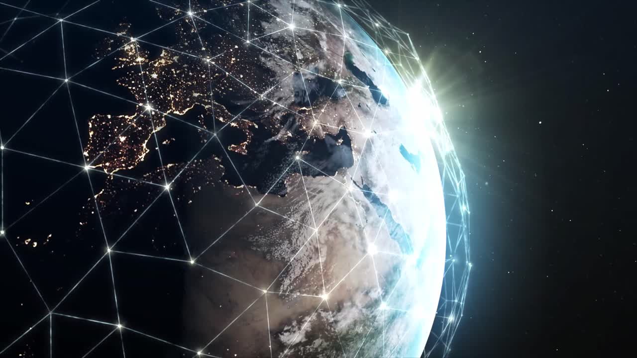 Digital Network Grid Connecting Cities on Earth with Sunrise