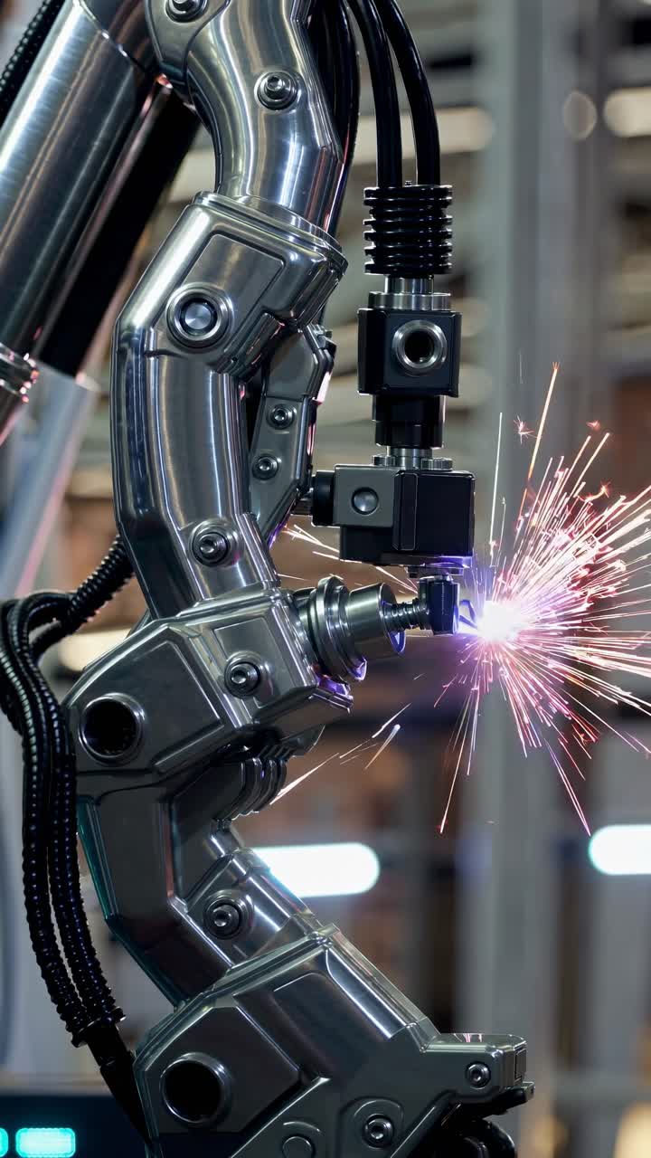 Close-up video of a robotic arm welding, showcasing intricate machinery and sparks