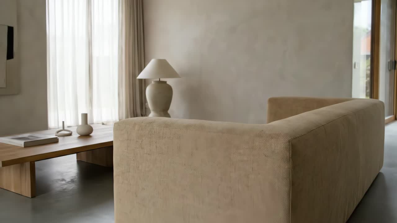 Moderní minimalistický interiér obývacího pokoje s neutrálním dekorem