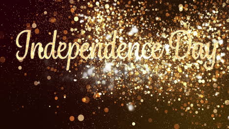 independence day text animation with golden sparkles on dark background