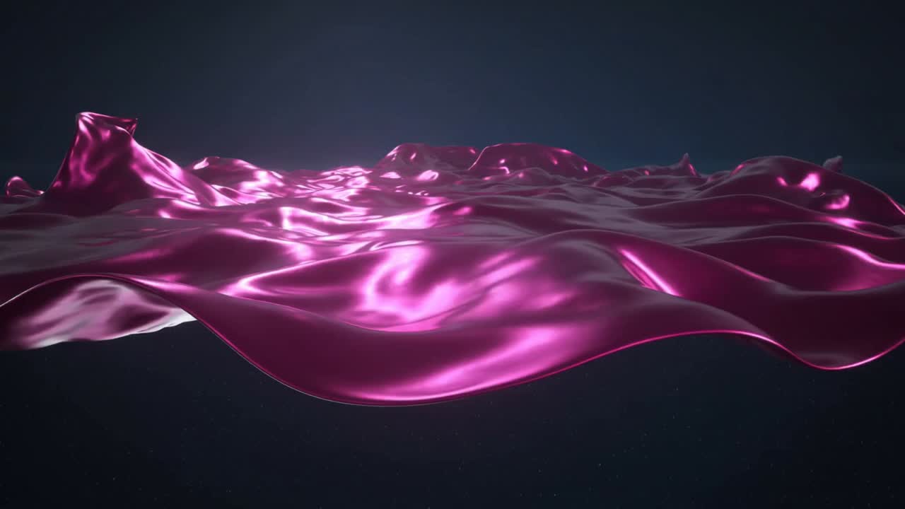 Tracking single glossy magenta sheet undulating across studio, revealing crests and reflections